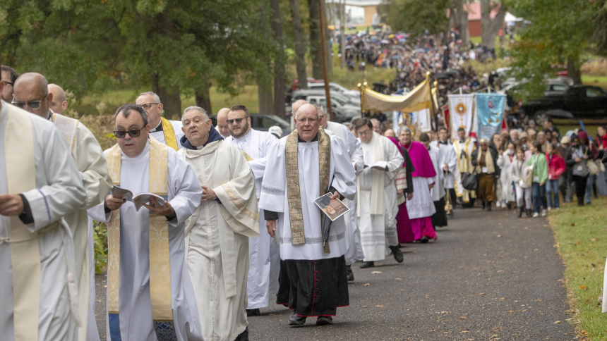 Priests walk in a Eucharistic procession Oct. 21, 2023, at the Shrine of Our Lady of Martyrs in Auriesville, N.Y., during the New York State Eucharistic Congress Oct. 20-22. (OSV News photo/Jeff Witherow, Catholic Courier) 
