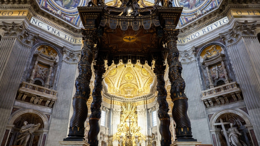 The baldachin, or canopy, standing over the tomb of St. Peter is seen in  in this file photo taken in St. Peter's Basilica at the Vatican Oct. 9, 2023. (CNS photo/Lola Gomez)