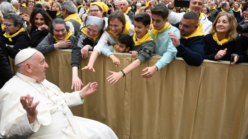 Pope Francis greets pilgrims from the dioceses of Cesena-Sarsina, Tivoli, Savona and Imola, Italy, on 200th anniversary of the death of Pope Pius VII, a prisoner of Napoleon, in the Paul VI Audience Hall at the Vatican April 20, 2024. (CNS photo/Vatican Media)